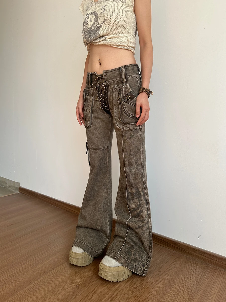 ReddaChic Cowgirl Lace Up Low Waist Cargo Jeans Do Old Zipper Decor Distressed Brown Boot Cut Pants 90s Retro Women Streetwear