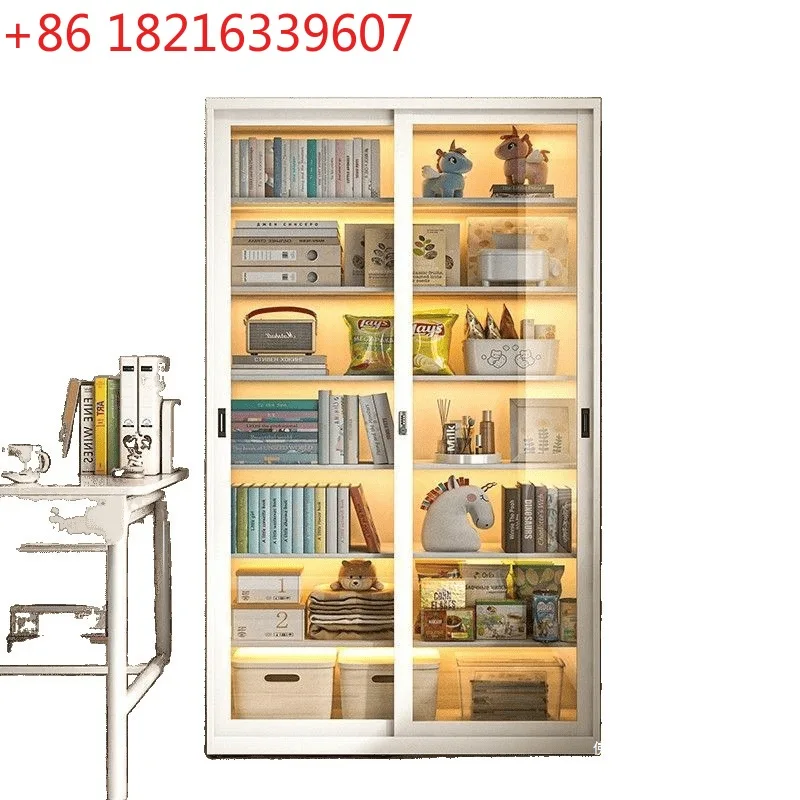 ตู้หนังสือบานเลื่อน ตู้โชว์บานเลื่อนพร้อมกุญแจ ตู้โชว์กันฝุ่น ชั้นวางหนังสือเด็ก ประตูเหล็กกระจก