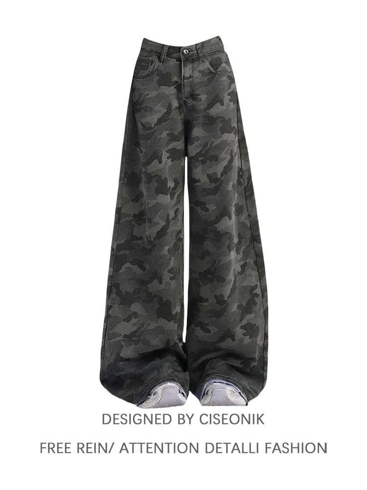 

plus Size Women's American High Street Vintage Camouflage Workwear Jeans Straight Leg Wide Leg Pants Casual High Waist Denim