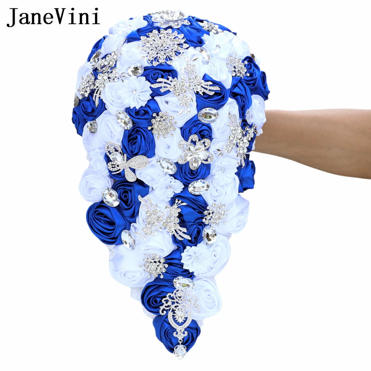 JaneVini New Silver Jewelry Cascading Bridal Bouquet Waterfall Wedding Bouquet Luxury Beaded Crystal Royal Blue and White Flower