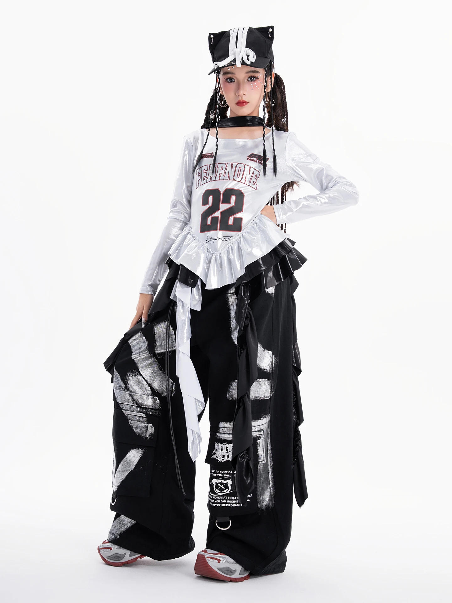 

Новинка 2023 года, детские костюмы для джазовых танцев для девочек, свободные брюки с длинными рукавами, уличная одежда, современная одежда в стиле хип-хоп XH3763