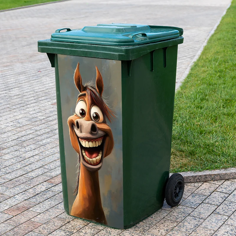 Funny Cartoon Horse Trash Can Stickers - Smiling Animal Vinyl Decal, Home Decor Waterproof Anti-Slip Bin Decor, Easy Clean