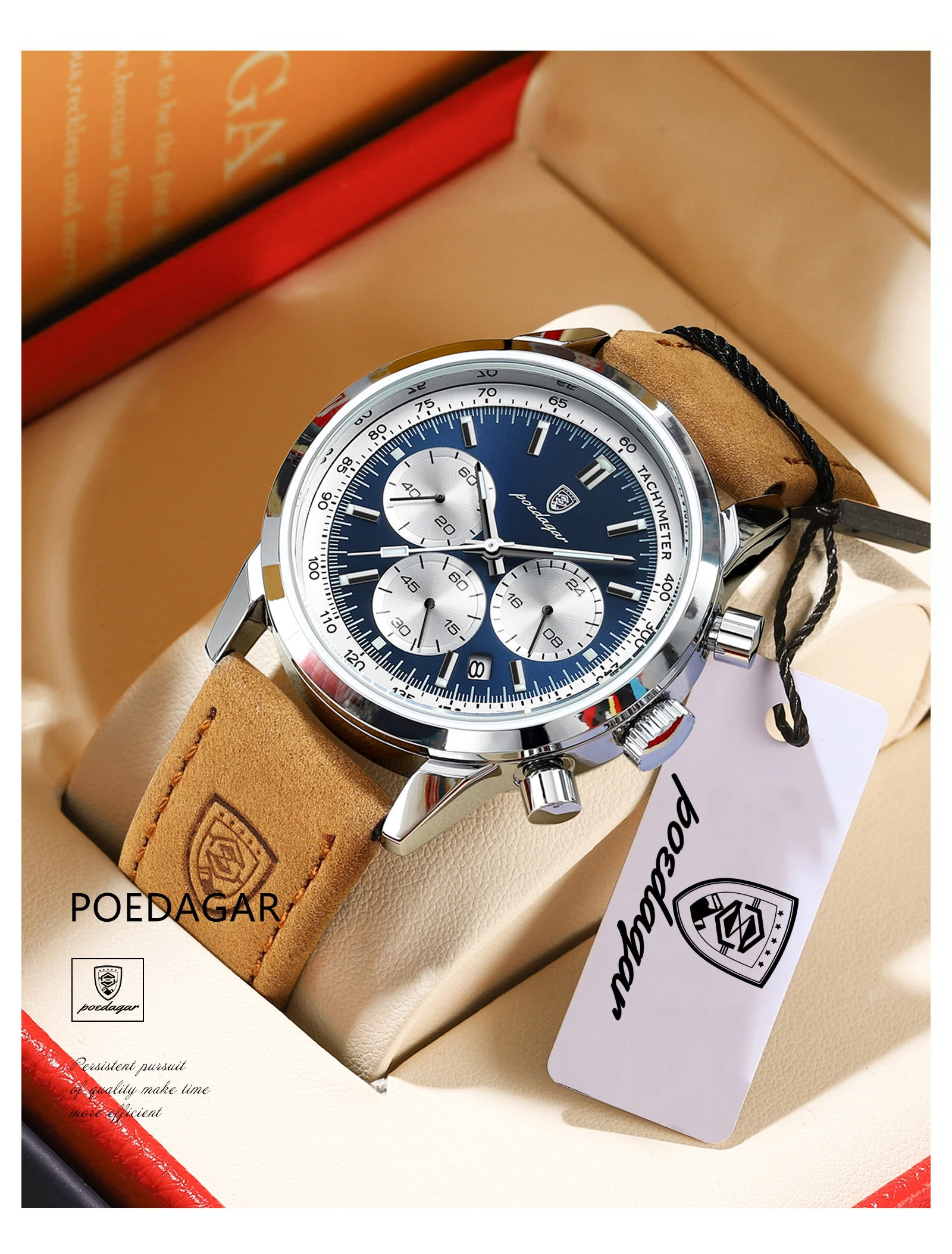 POEDAGAR Modische Herrenuhr Wasserdicht Leuchtend Leder Casual Herren-Armbanduhr Chronograph Hochwertige Herren-Quarzuhren Reloj – Detail 16