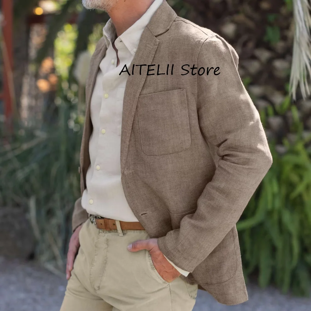 

Casual Blazers for Man Linen Men's Suits Suit Collar Square Pockets Two Buttons Formal Jackets Fashion Elegant Coats Blazer
