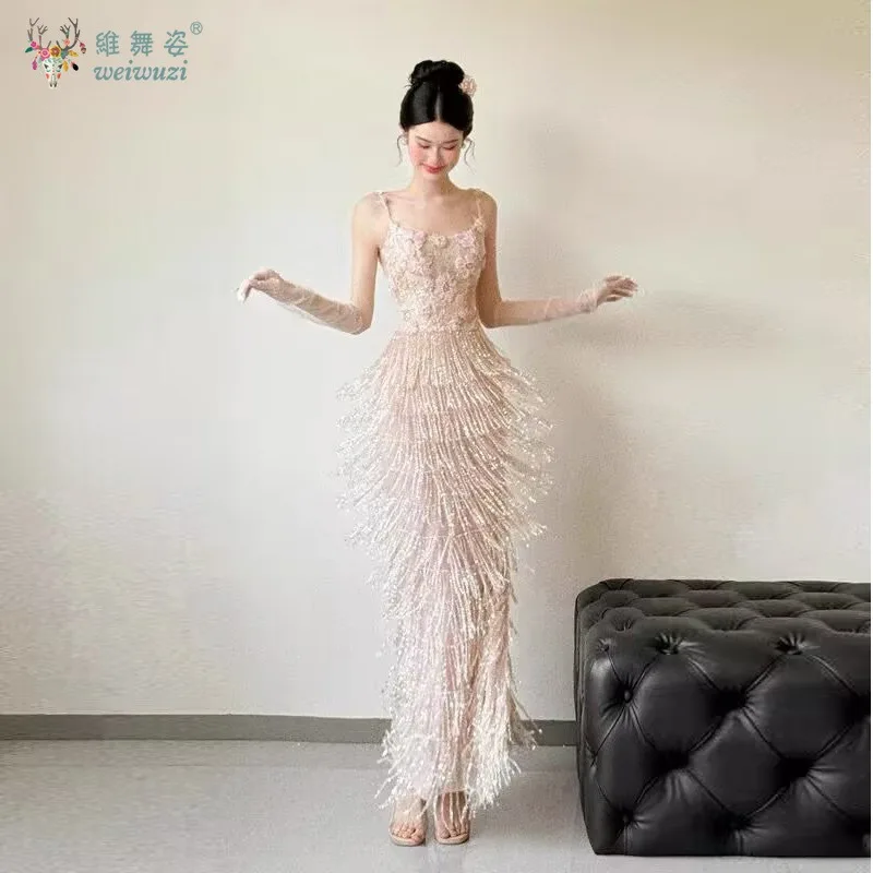 Robe de soirée de forme sirène, perles brodées en 3D, fine bretelle d'épaule, taille, avec perles et pompons, amincissante