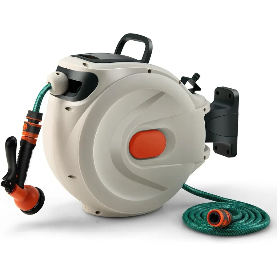 屋外庭園用格納式ホースリール 100フィート x 1/2インチ 高性能ウォーターホース 180度回転壁掛けブラケット付き F