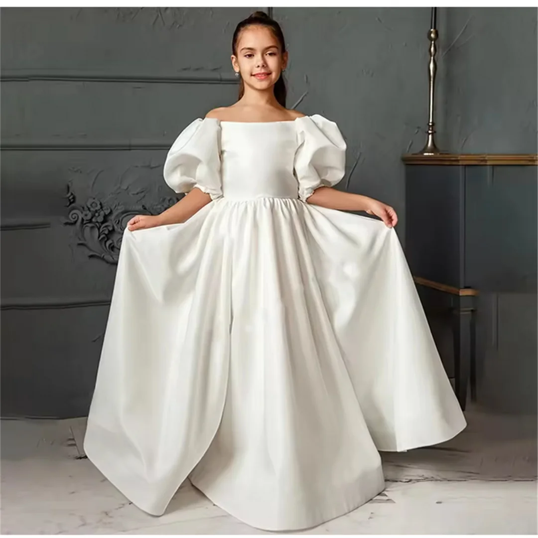 

Customized Flower Girl Dress For Wedding Ivory Satin Puffy Floor Length With Bow Kids Birthday Party First Communion Ball Gowns