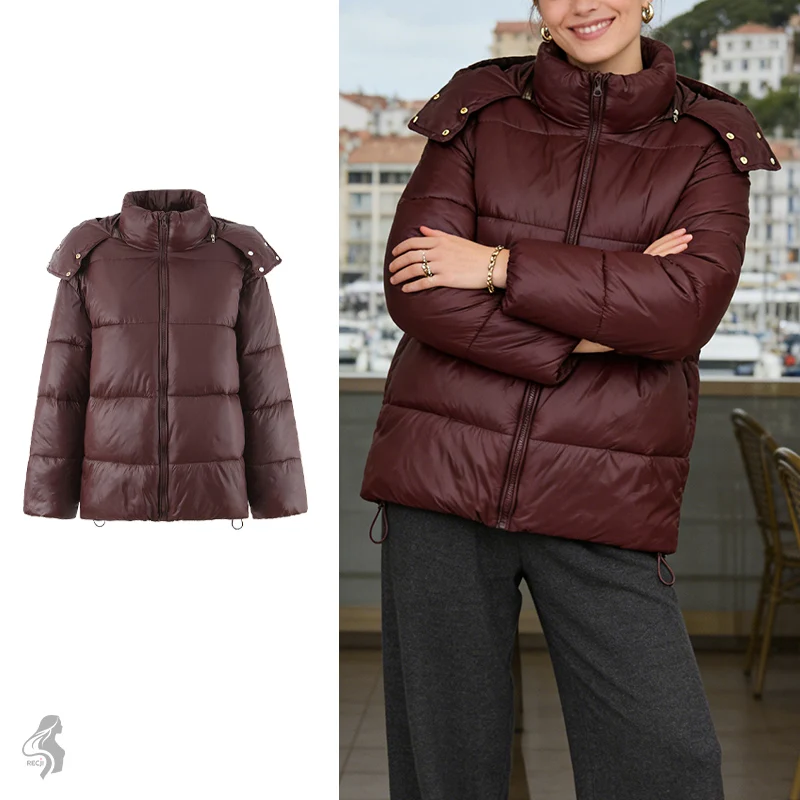

Women Winter Coats Detachable Hooded Womens Cotton Jacket Shiny Quilted Hem With Drawstring Autumn And Winter Warm Casual Coat