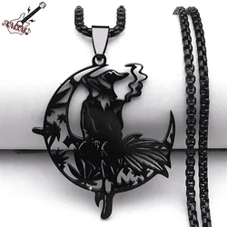 Gothic Black Hat Witch Smoking Pendant Necklace for Women/Men Stainless Steel Punk Moon Leaf Chain Jewelry colier NZZZ523S06