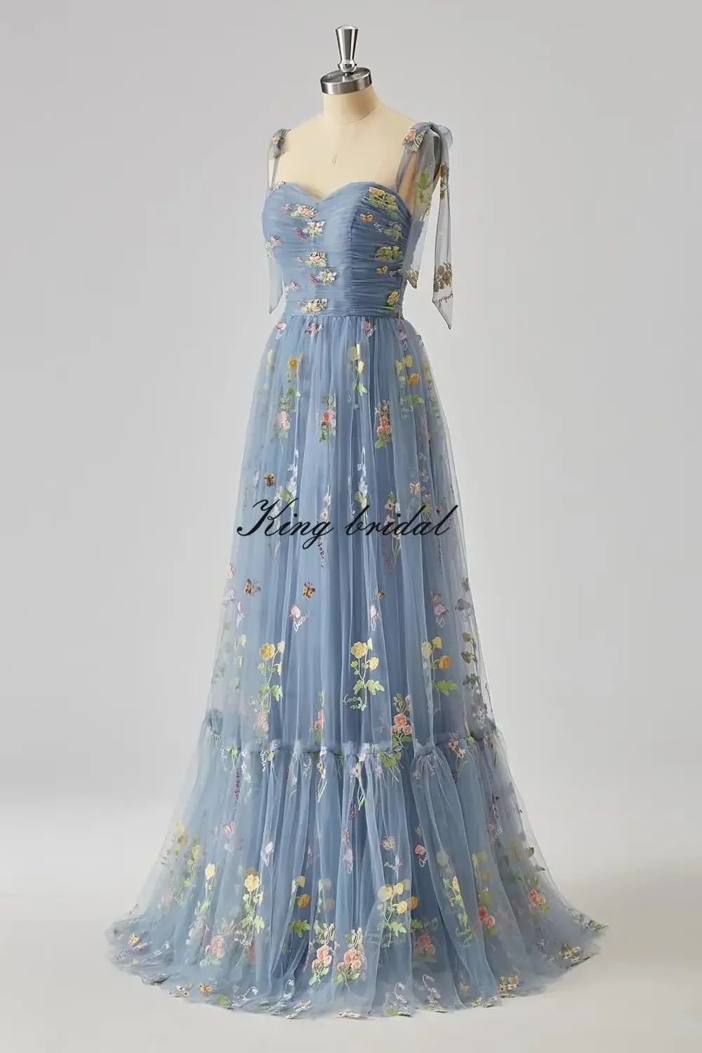 

Evening Party Gown Bridesmaid Dress Women's Flower Embroidery Tulle Prom Dresses Corset Long Spaghetti Strap Fairy Ruched Formal