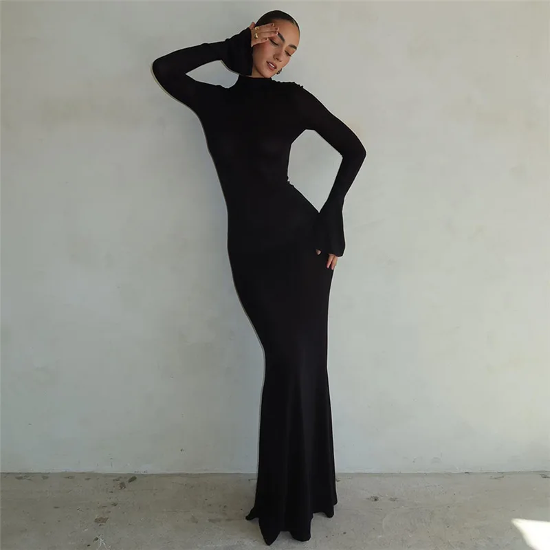 

Black Women's Prom Dress High Neck Full Sleeves Sexy Backless Party Gown Sheath Slim Fit Beach Holiday Skirt Robes