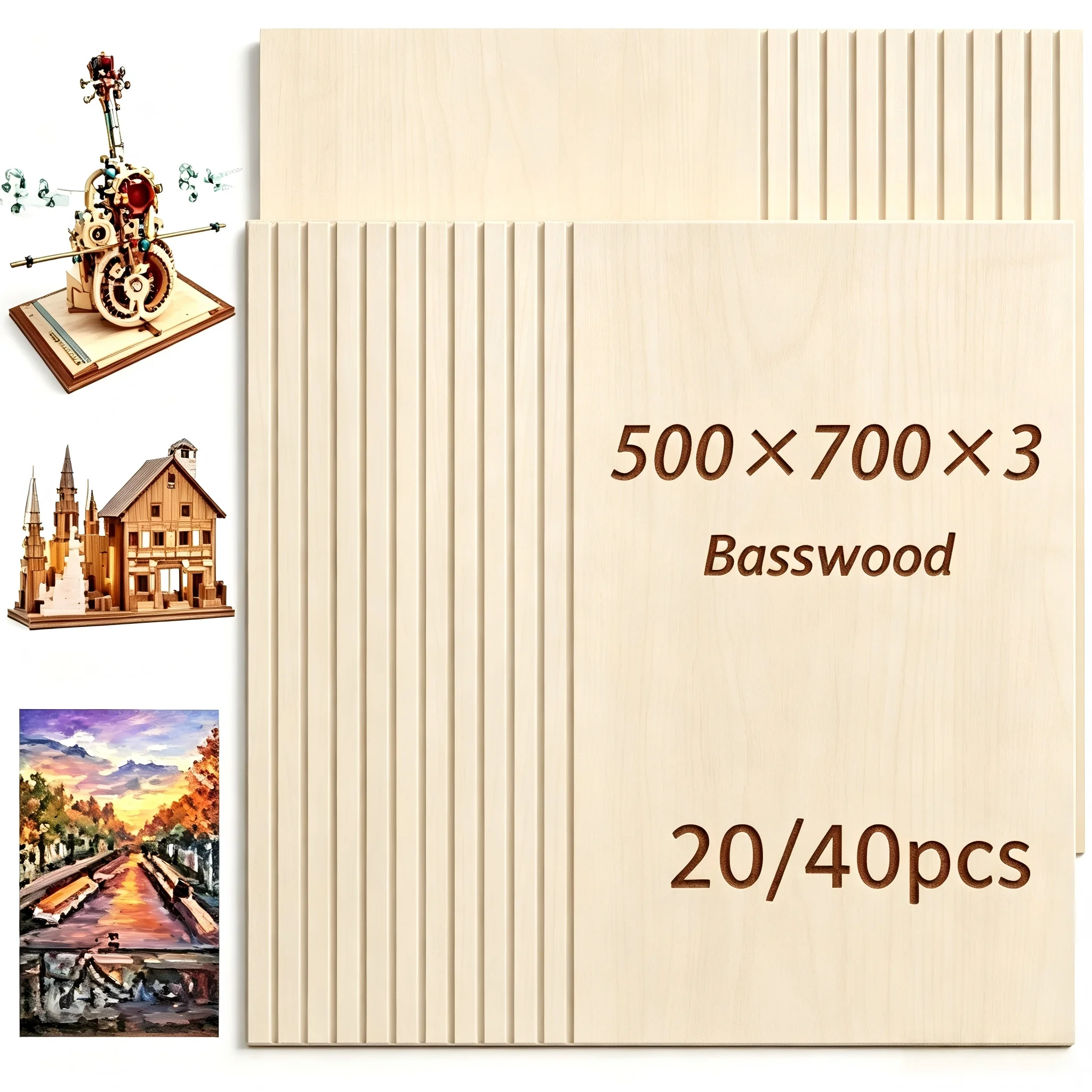 Dofiki Set di 20/40 Pezzi di Fogli di Compensato di Tiglio 500x700x3mm - Legno per Incisione Laser, Tavola per Pittura, Modellismo Aereo - Offerta Speciale