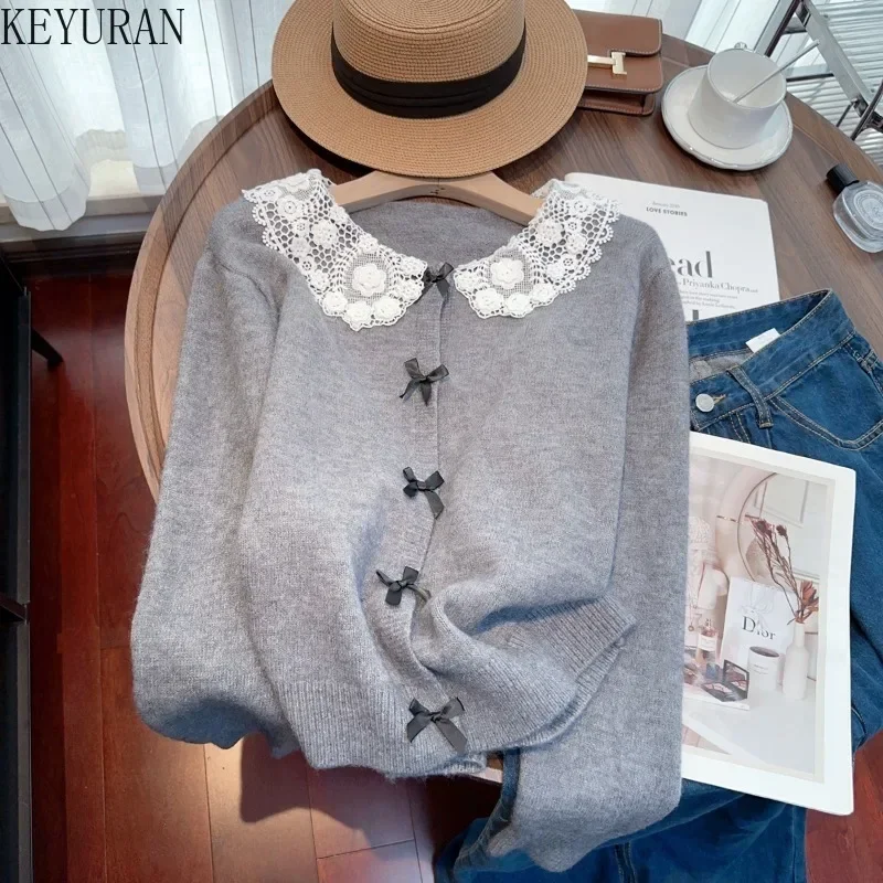 Sweet Lace Peter Pan Collar Bow Tie Sweater Coat Women 2024 Autumn Winter Gentle Style Long Sleeve Knitted Cardigan Mujer Tops