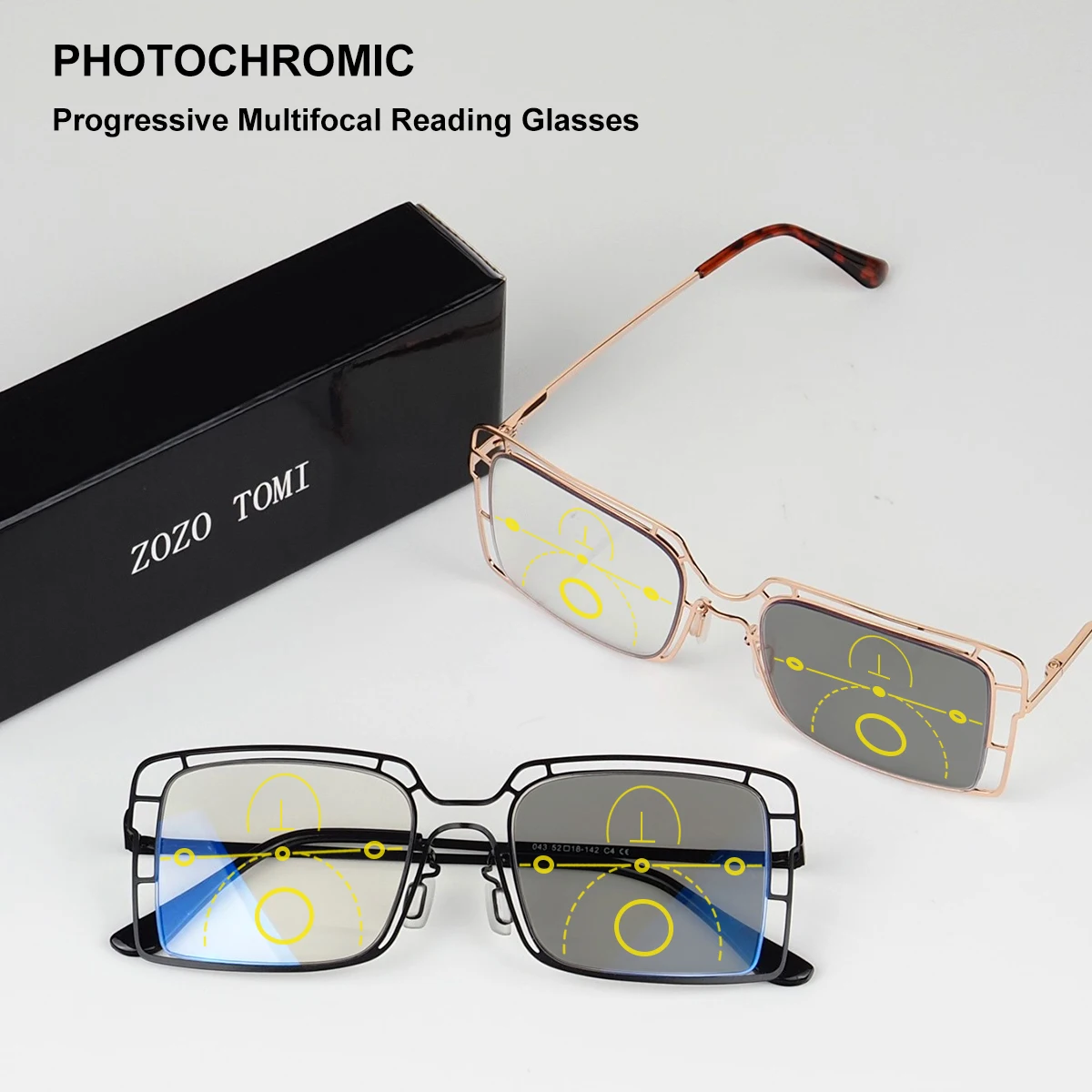 Photochromic, Progressive Multifocal Reading Glasses, Stylish Hollow Frame Design, Clear Vision, Unisex.