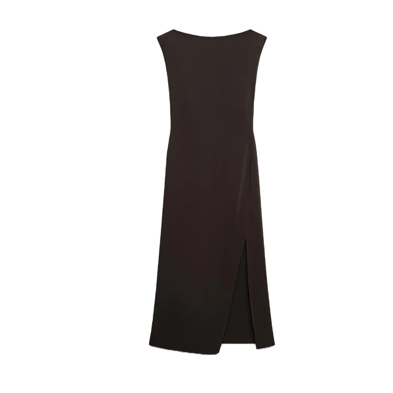 여름 새 여성 긴 원피스 드레스 드레이프 숄더 디자인 레이온 블렌드 슬림핏 보트 넥 민소매 3332376