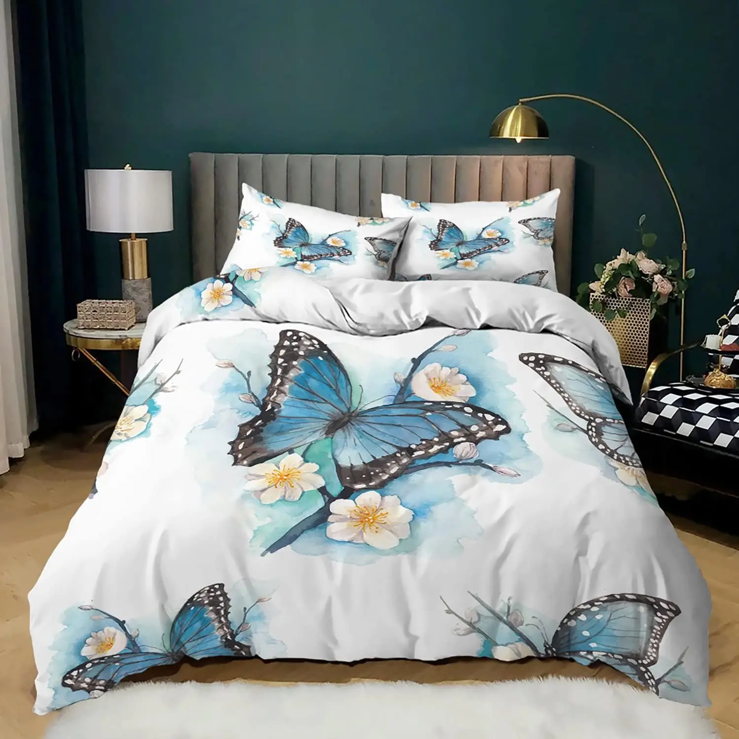 Fotografia 3: Conjunto de cama king size com borboletas azuis e roxas, capa de edredom estampada para meninas, crianças e adolescentes – conjunto completo de cama