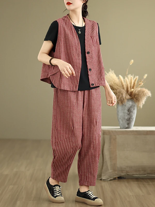 Casual Cotton Linen Stripe Set Loose Svel Vest Harlan Pants Two Piece Set Summer Faion Women's Ensemble V Ne Overhead