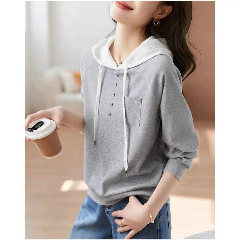 Spring Autumn Women Korean Fashion Contrast Color Patchwork Hooded Sweatshirts Simple Long Sleeve Loose Cotton Pullover Hoodies