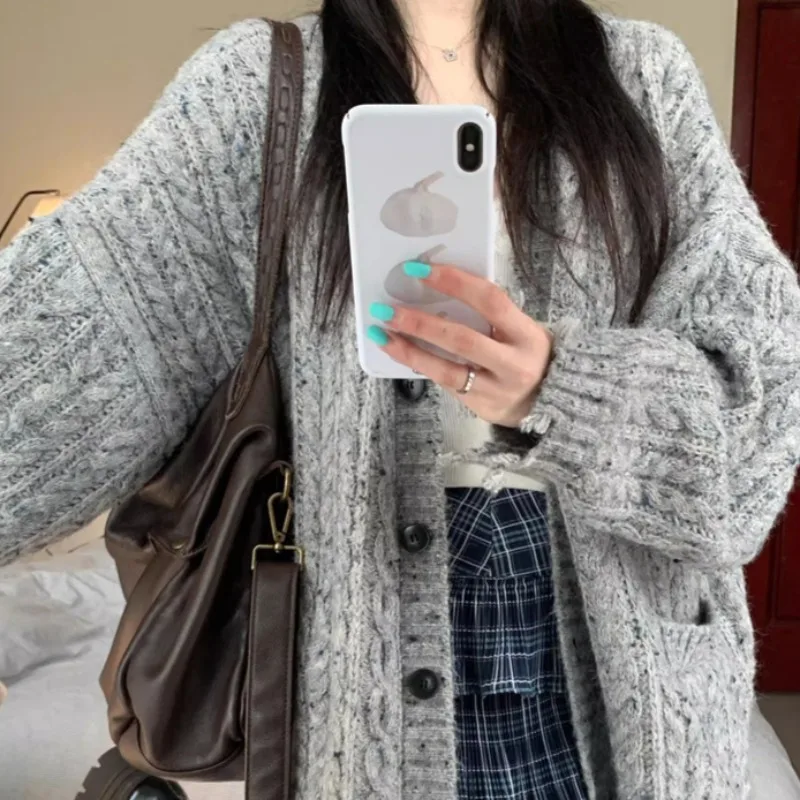 Cardigan eleganti da donna sciolto grigio stile coreano manica lunga monopetto college caldo lavorato a maglia casual autunno inverno chic