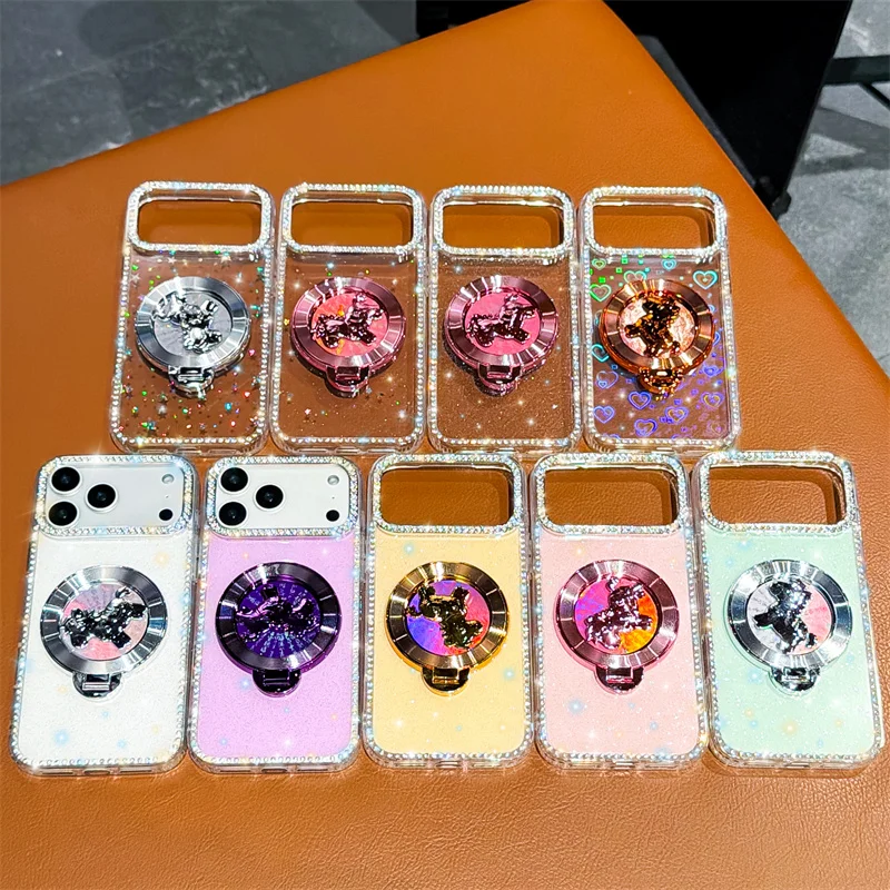 

Luxury Jewelled border shiny Cases For iPhone 17Plus 16e 15 14 13 Pro Max 17promax Cute Horse rotatable Bracket Protection Cover