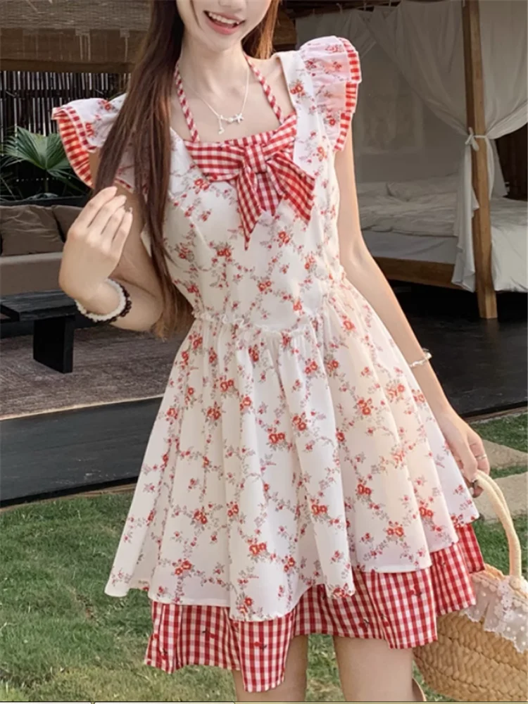 夏休み草原シックな花柄ショート A ラインドレスかわいいリボンパッチワークショートフライングスリーブホリデーシーサイドミニドレス