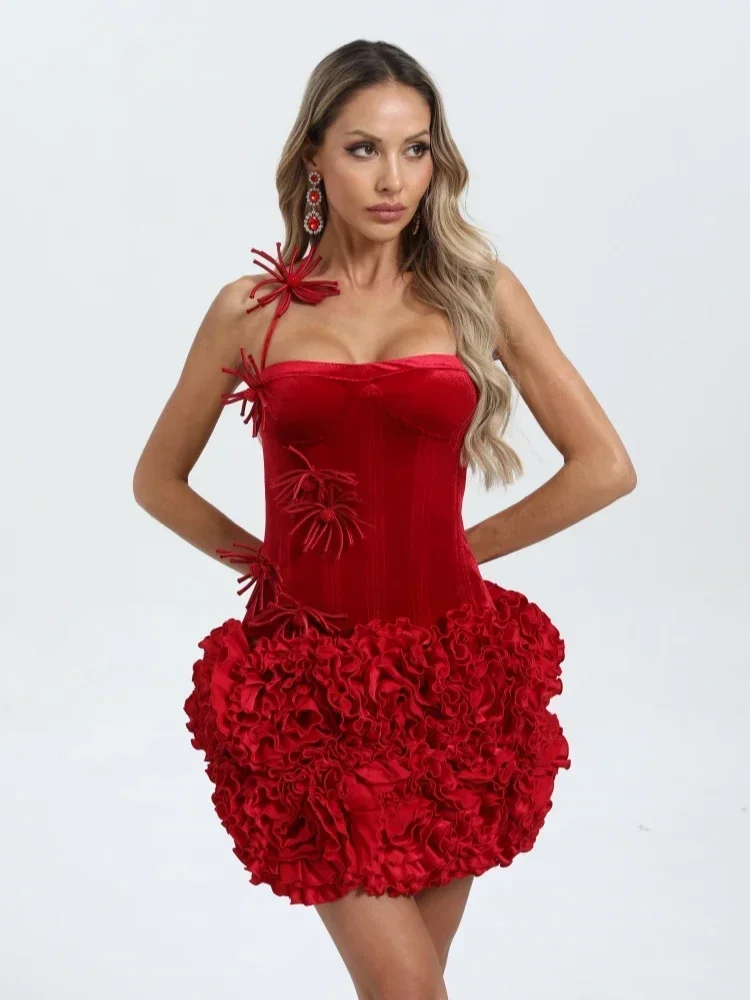 

2025 Women Flower Skirt Two Piece Set Sexy Halter Floral Black Red Corset Top Mini Skirts Lace-up Suits Celebrity Party Cocktail