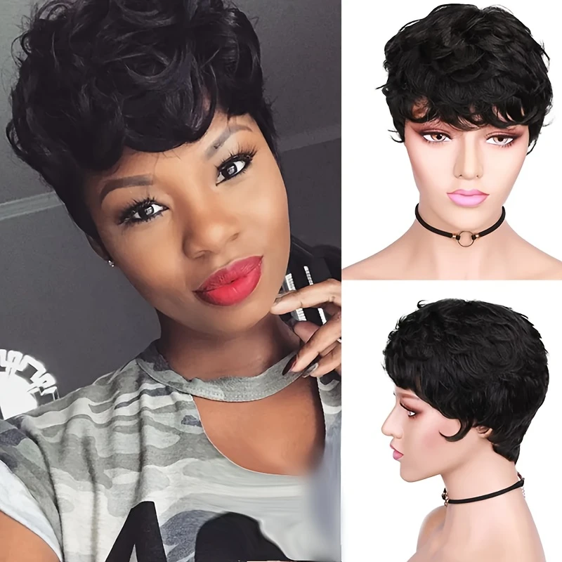 natural black color pixie short human hair wigs for women curly pixie cut human hair 6inch 150% density machine made remy wig