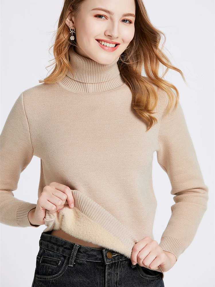 Winter Turtleneck Slim Sweater Womem Warm Poleras Plush Lined Thicken Knit Pullover Korean Pulls Soft Knitwear Jumper Sueter Top