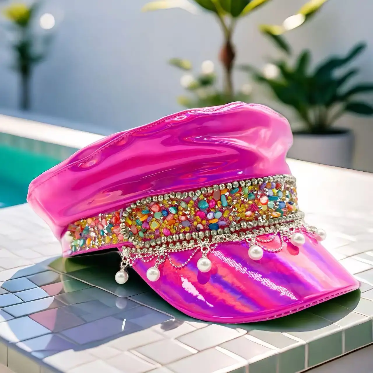 HongLuan  Laser Leather Captain Hat Rhinestone & Military Caps for Woman, Rave Festivals Accessories ＆ Party Cap Man Cosplay Fem