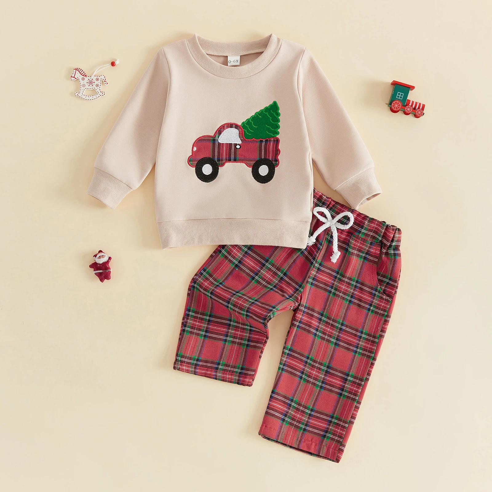 Toddler Boy Christmas Outfit Long Sleeve Sweatshirt and Plaid Pants Set