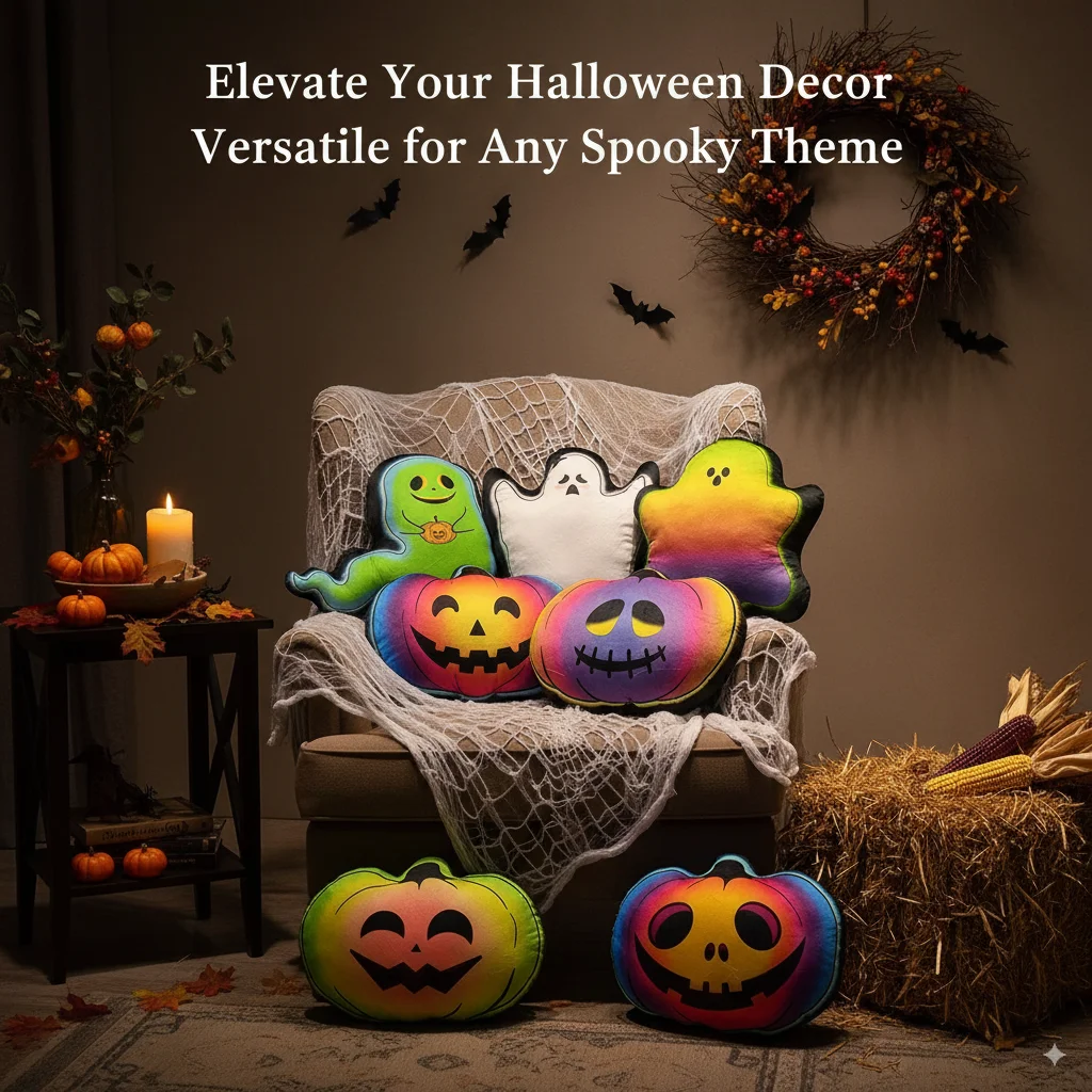 

2025 Happy Halloween Plush Colorful Ghost Pumpkin Throw Pillow Soft Cuddly Ghost Shaped Cushion Plush Toy Halloween Party Decor