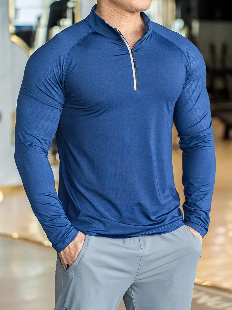 New Autumn winter Running Gym Men Shirt long Sleeve Tees elastic fit Sports training Fitness Quick dry Zip collar Polo T Shirt