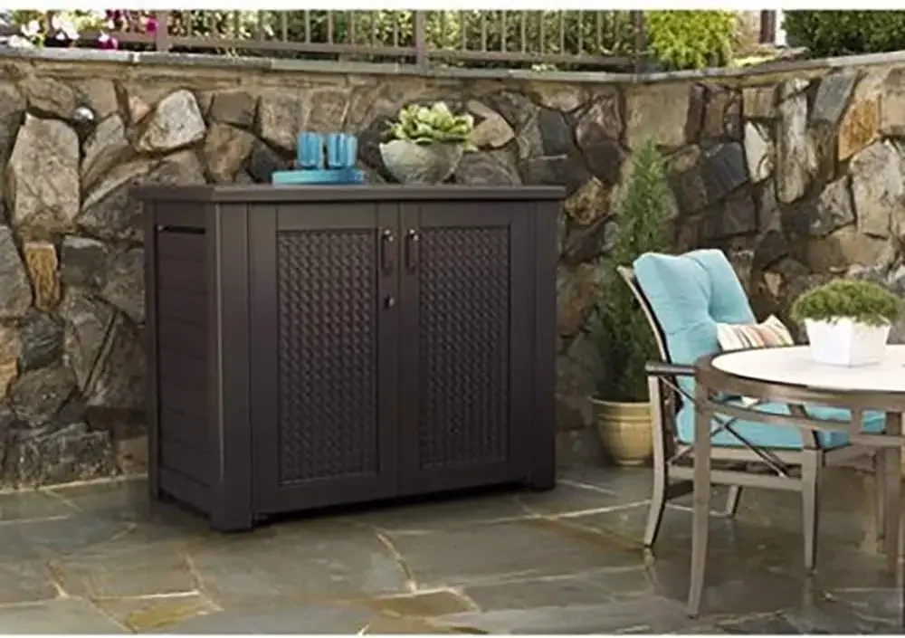 Rubbermaid Extra Large Decorative Patio Storage Cabinet, Weather Resistant,123 Gal.,Dark Teakwood, for Garden/Backyard/Home/Pool