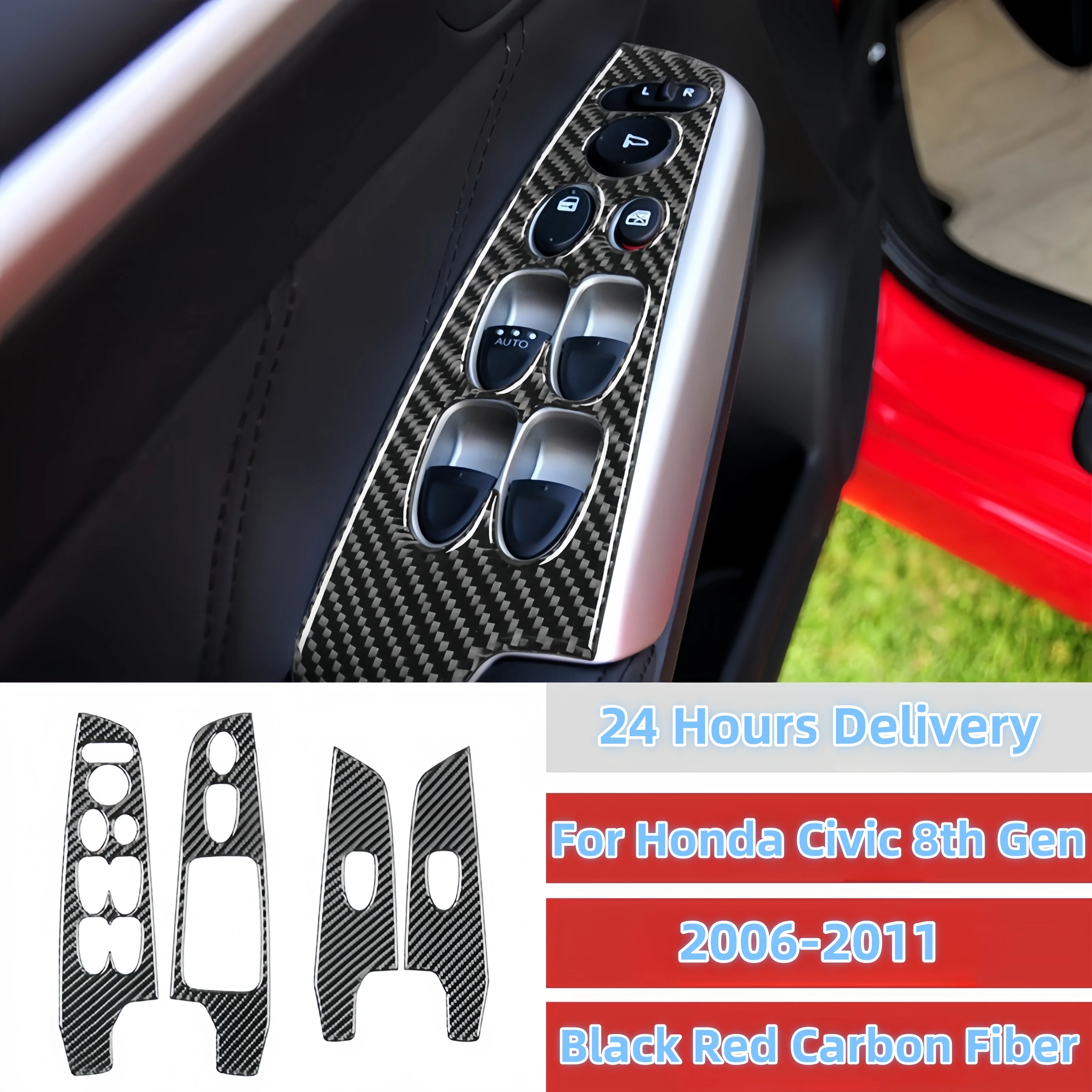 For Honda Civic 8th Gen 2006-2011 Car Door Console Panel Window Switch Frame Carbon Fiber Sticker Trim Kit Acessório Para Carro