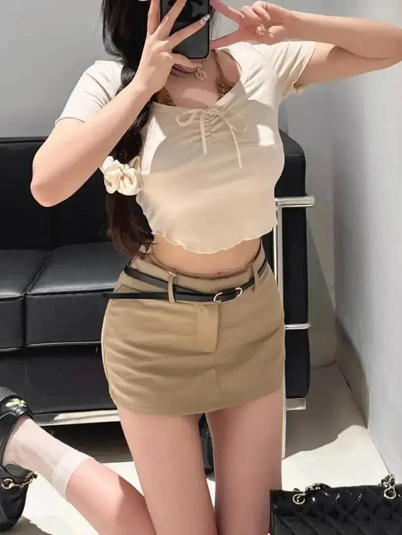 الحليب الحلوى الحلو وهمية اثنين الرغبة النقية نمط قصيرة الأكمام تصميم تحسس قصيرة الرقبة معلقة المرأة التي شيرت تيز موضة 41D7 #3