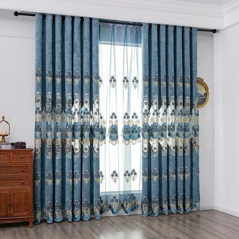 Chenille European Curtains 2024 Blackout Bay Window Water-soluble Hollow Embroidered Curtains for Living Dining Room Bedroom