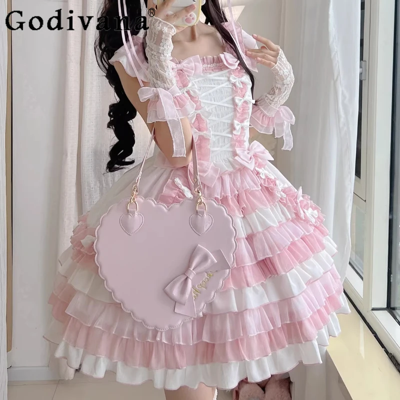 

Girl's Princess Pink Lolita Dresses JSK Summer Women's Slim Fit Elegant Cute Bow Off-Shoulder Short Dress Birthday Party Dress