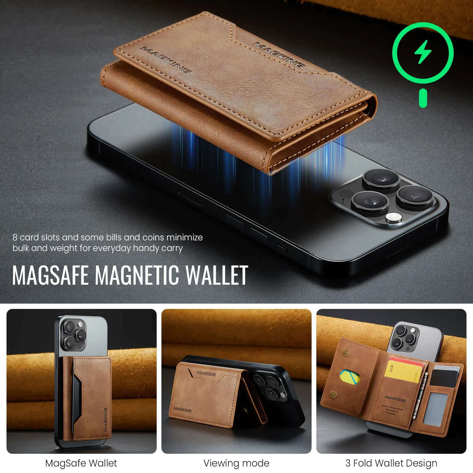 EUCAGR for phones or phone cases with magnetic suction function,RFID Shielded ultra-thin magnetic card holder with 8 card slots