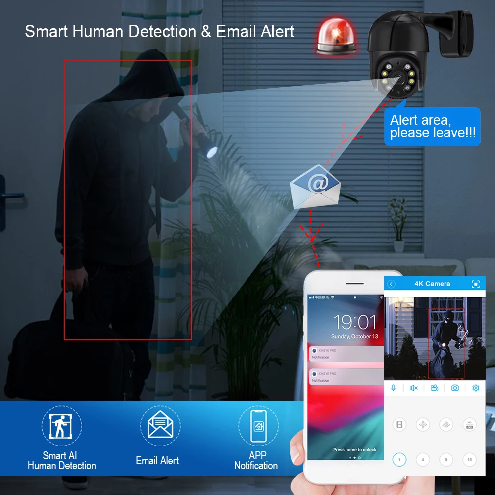 Xmeye – caméra de Surveillance extérieure PTZ IP POE 8CH/4K, dispositif de sécurité intelligent, avec détection humaine, Audio bidirectionnel