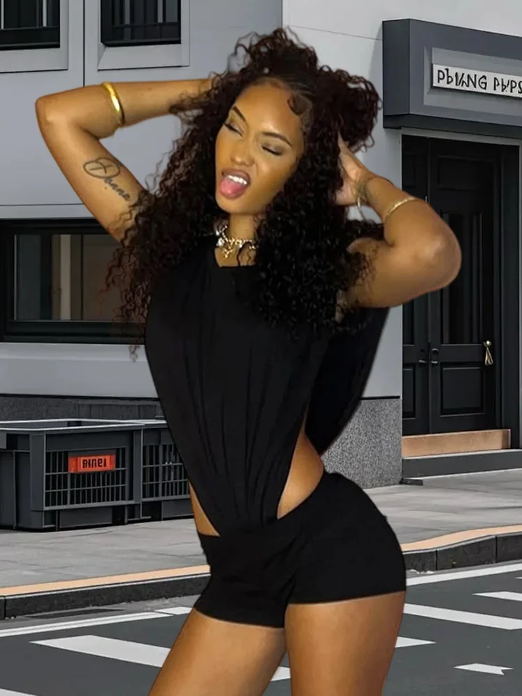 Sexy Women 2 Piece Set Coquette Sleeveless Side Split Bodysuit Tops+Shorts Stretch Midnight Matching Clubwear Suits - Image 5