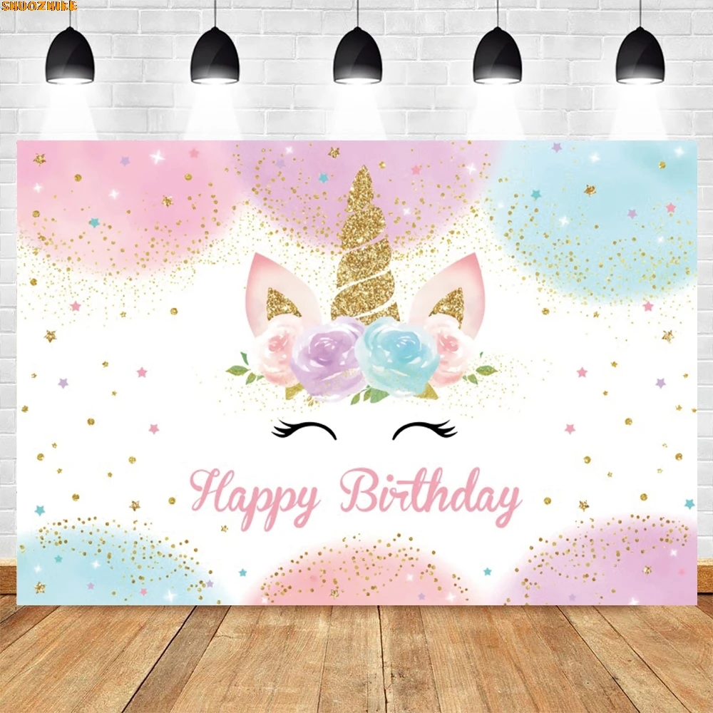 

Rainbow Unicorn Photography Backdrop Gold Glitter Unicorn Floral Girl Birthday Party Decor Baby Shower Background Photo Studio