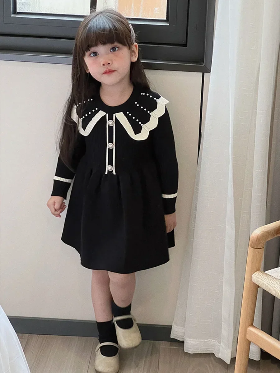 Girls Sweater Patchwork Dress Beaded Collar Lapel Winter Fall Dresses For Girls 2 3 4 5 6 7 8 9 10 Year White Black Clothing Kid