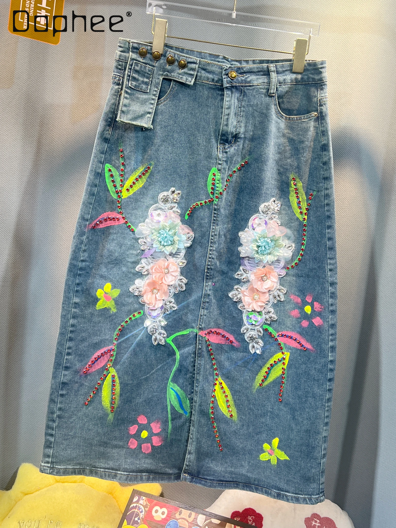 

Painted Beaded Sequined Flower Denim Skirt for Women 2024 Summer New Loose All-Match High Waist Skirt Korean Fashion Clothing