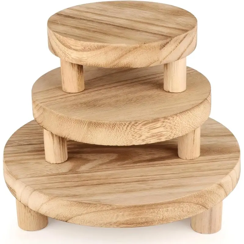 3Pcs Round Wooden Plant Display Risers Stool Tray 3 Height Sturdy Tabletop Plant Stand Indoor Home Decor Flower Pot Holder