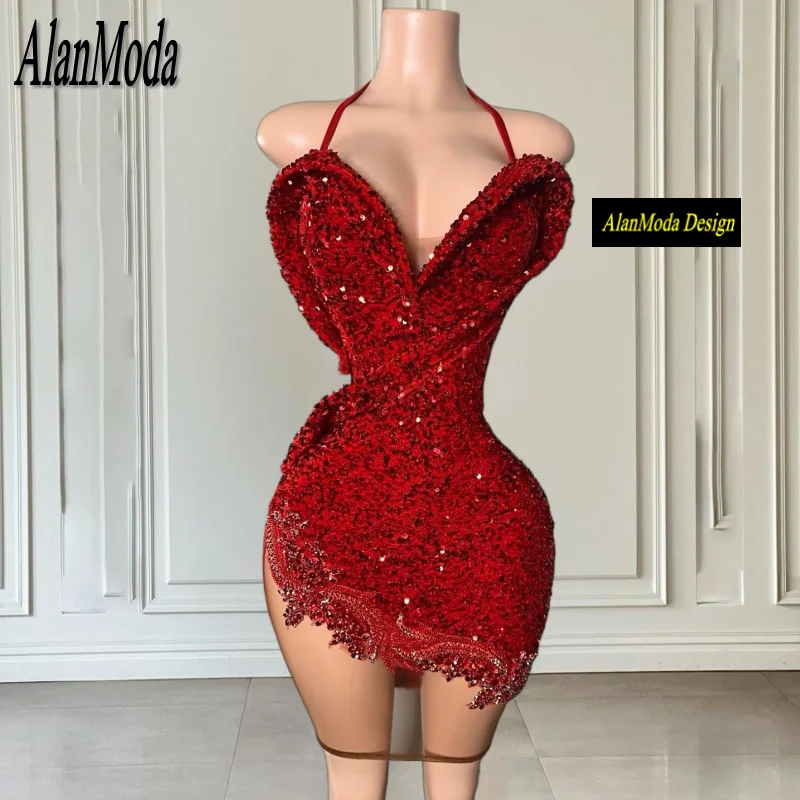 Giltter Red Birthday Dress For Women Halter Short Sequin Prom Gowns Rhinestone Backless Mini Party Dress Luxury Customized