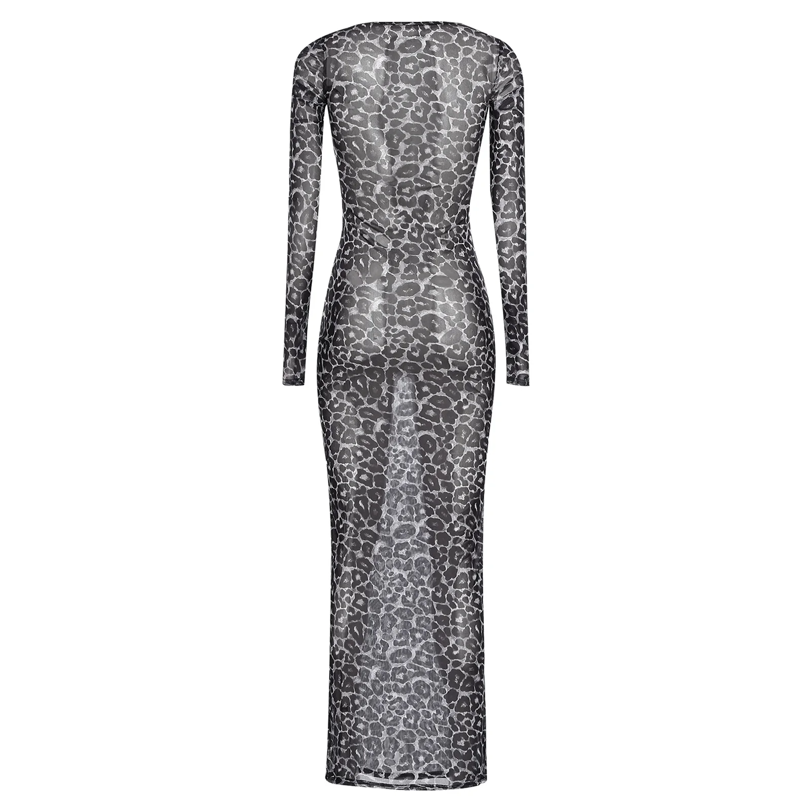 المرأة سيسي ليوبارد طباعة بقماش شفاف فستان ماكسي كم طويل Bodycon فستان طويل بيكيني التستر فستان للنادي الليلي بحر