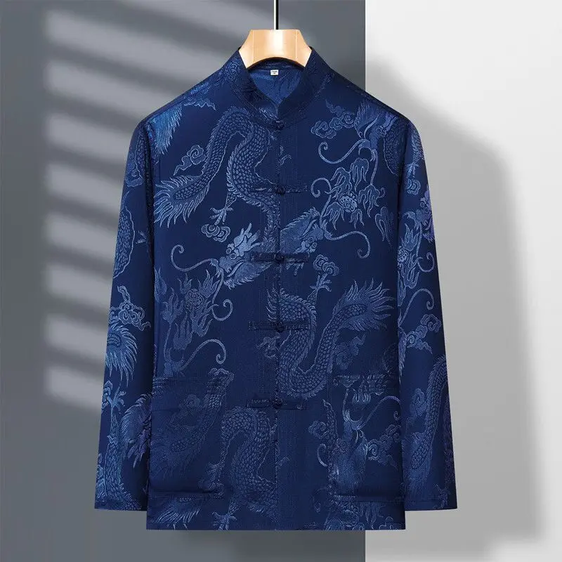 2024 Frühling neue ältere Menschen mittleren Alters Tang Anzug Männer lang ärmel ige Satin Drachen Kung Fu Chinesisch Plus Size Shirt Trainings