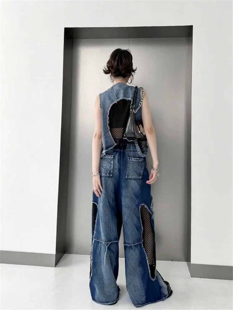 Gilet en Denim à col en v pour femmes, couture en grille, mode de rue frite, bavures amples, gilets courts sans manches, vestes d'été