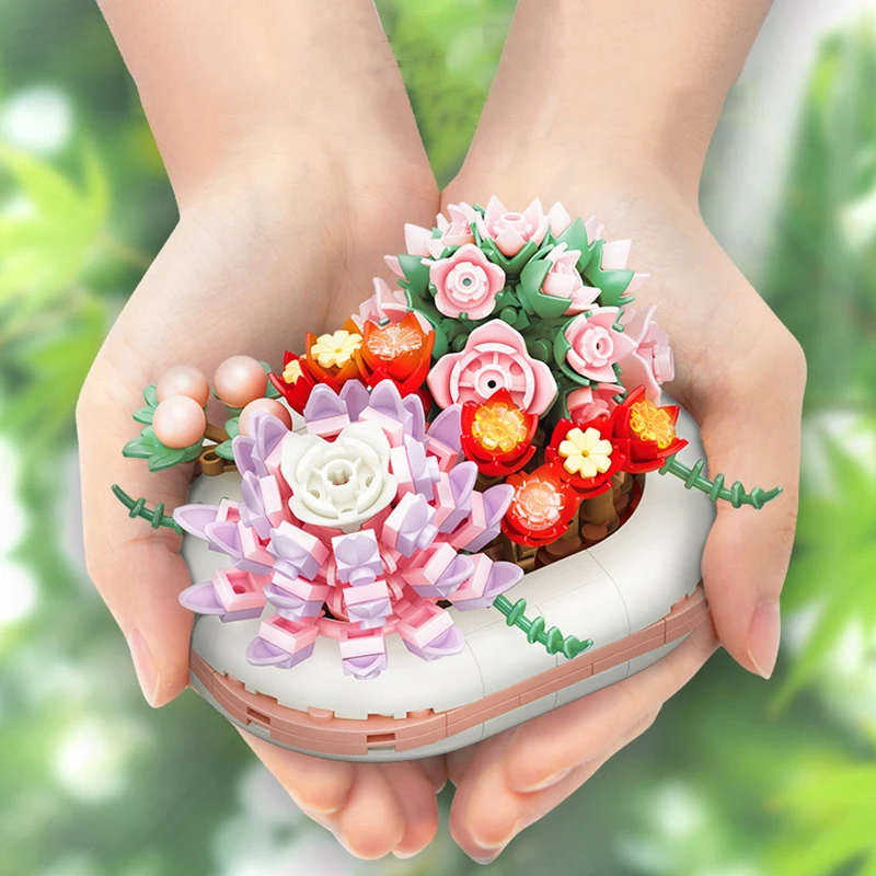 Mini blocchi in vaso fai da te creativo decorazione della casa piante fiori stami luminosi giocattoli assemblati regali di festa per bambini