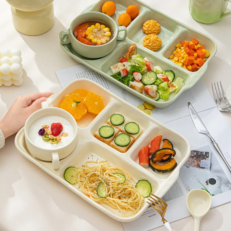 

HYS high-value simple breakfast plate creative light luxury fat-reducing color glaze ceramic tableware grid plate